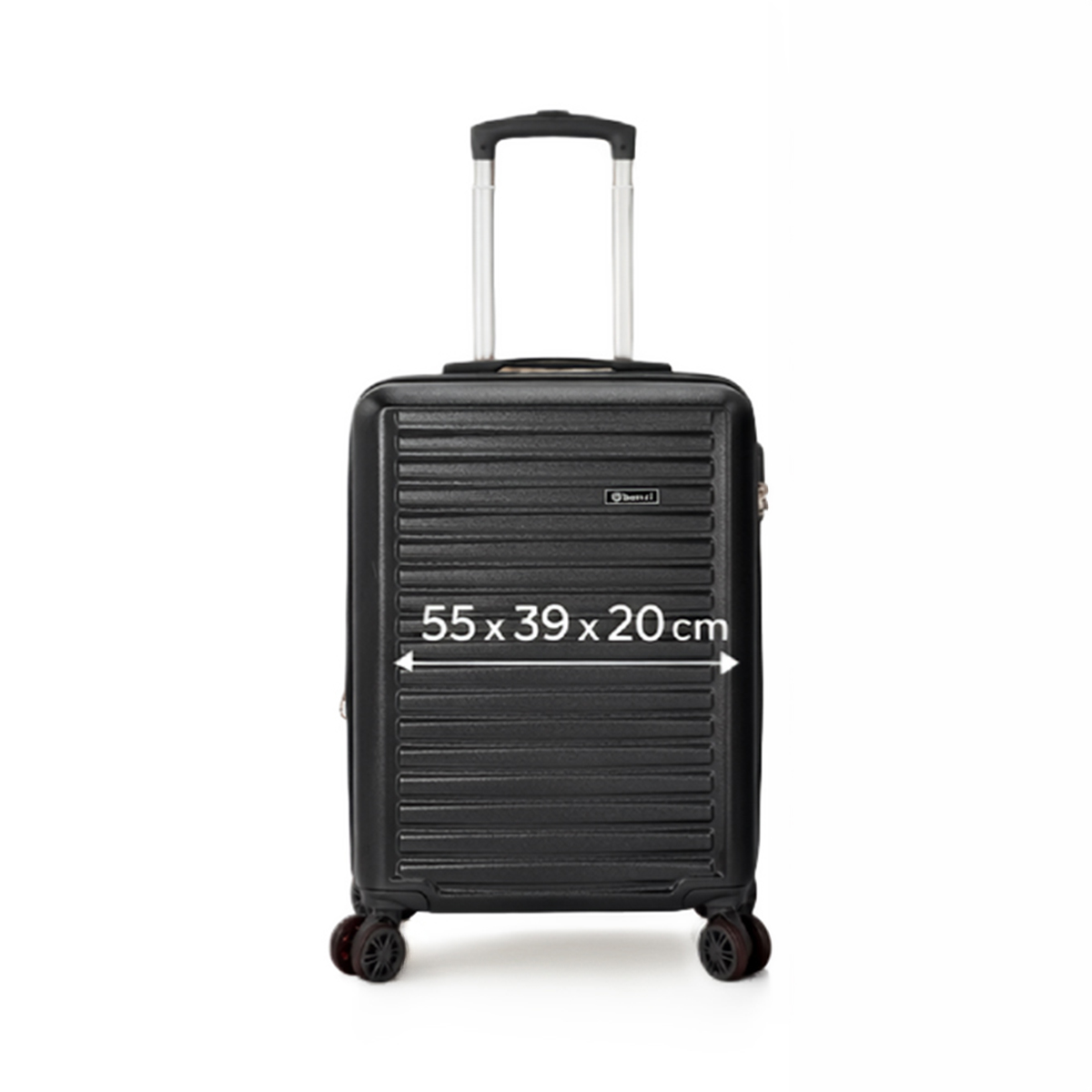 Maleta negra con asa extensible y ruedas, dimensiones 55x39x20cm.