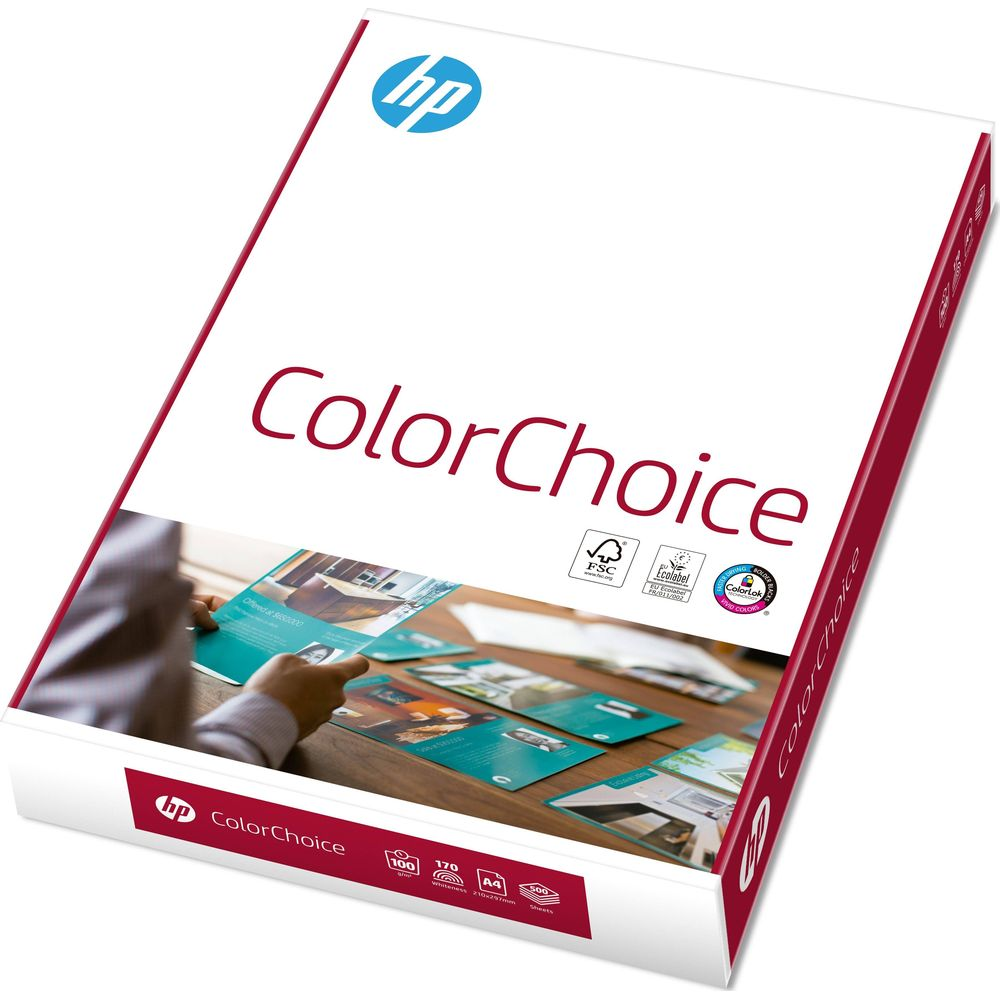 Opakowanie papieru HP ColorChoice z nadrukami i certyfikatami.
