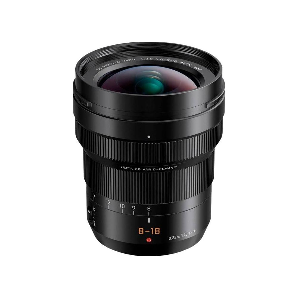 Ein schwarzes Leica DG Vario-Elmarit Objektiv mit Fokus- und Zoomring.