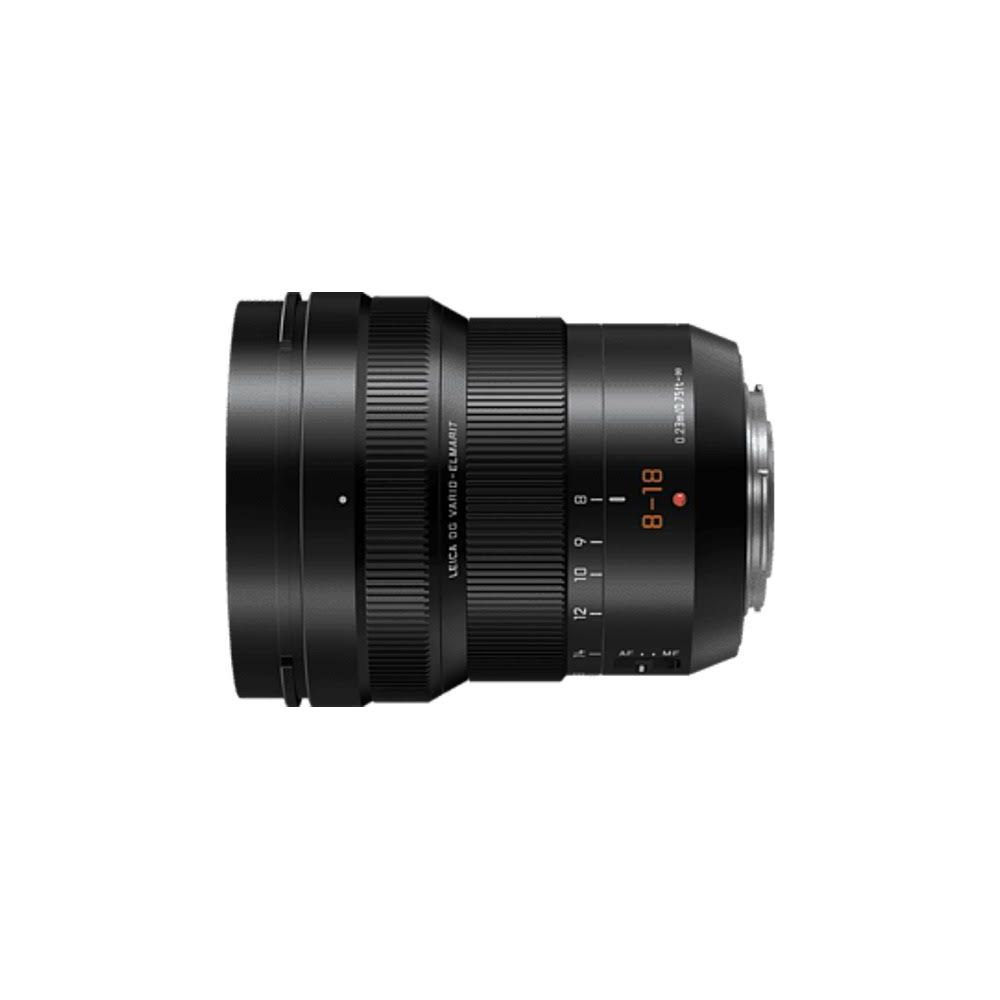 Schwarzes Leica DG Vario-Elmarit Objektiv mit Zoomring und Fokusmarkierungen.