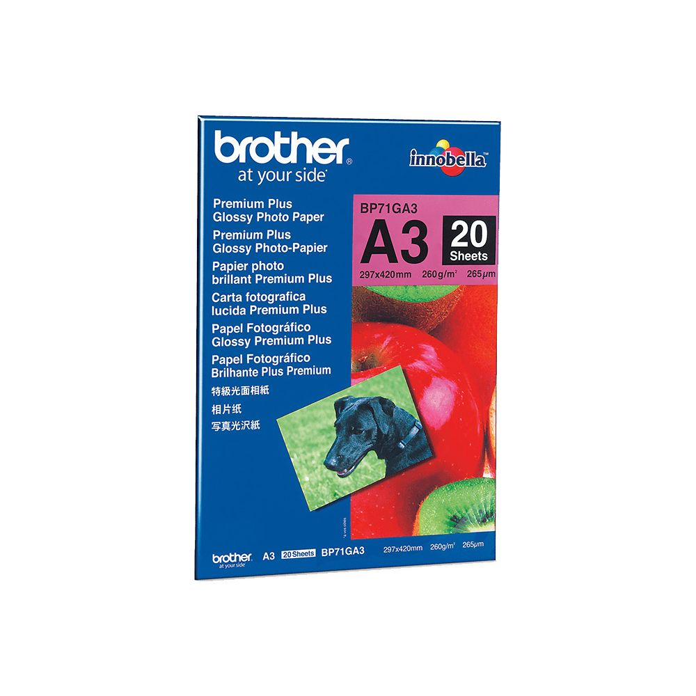 Papier fotograficzny Brother Innobella A3 z psem, jabłkami i kiwi.