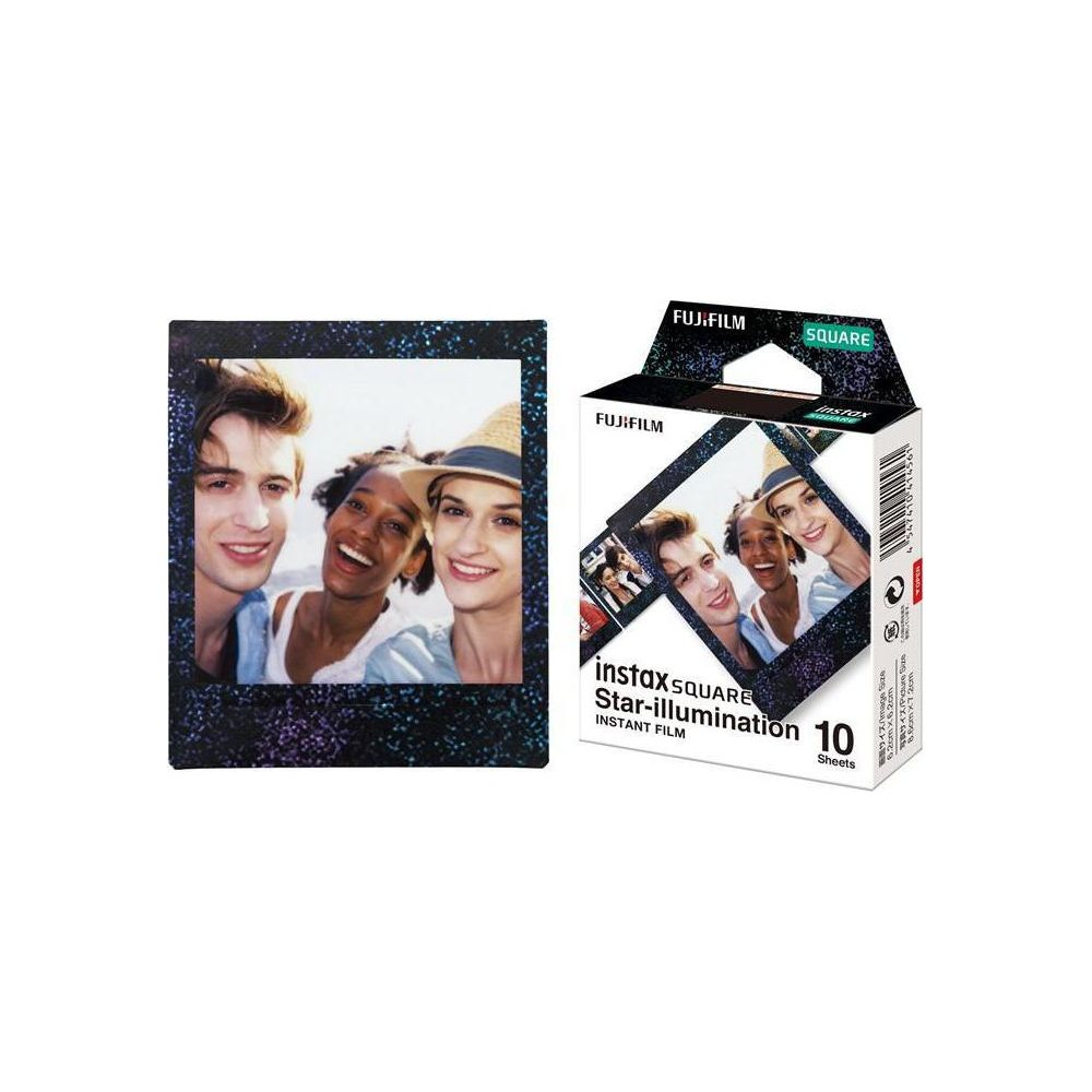 Fujifilm Instax Square Sternenlicht-Filmbox neben einem entwickelten Foto.