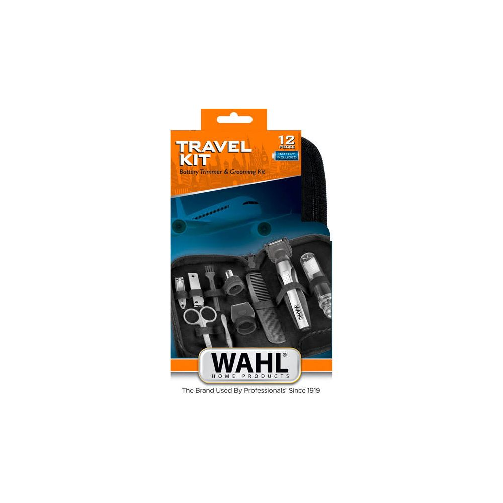 Kit da viaggio Wahl con 12 pezzi, tagliacapelli a batteria e accessori.