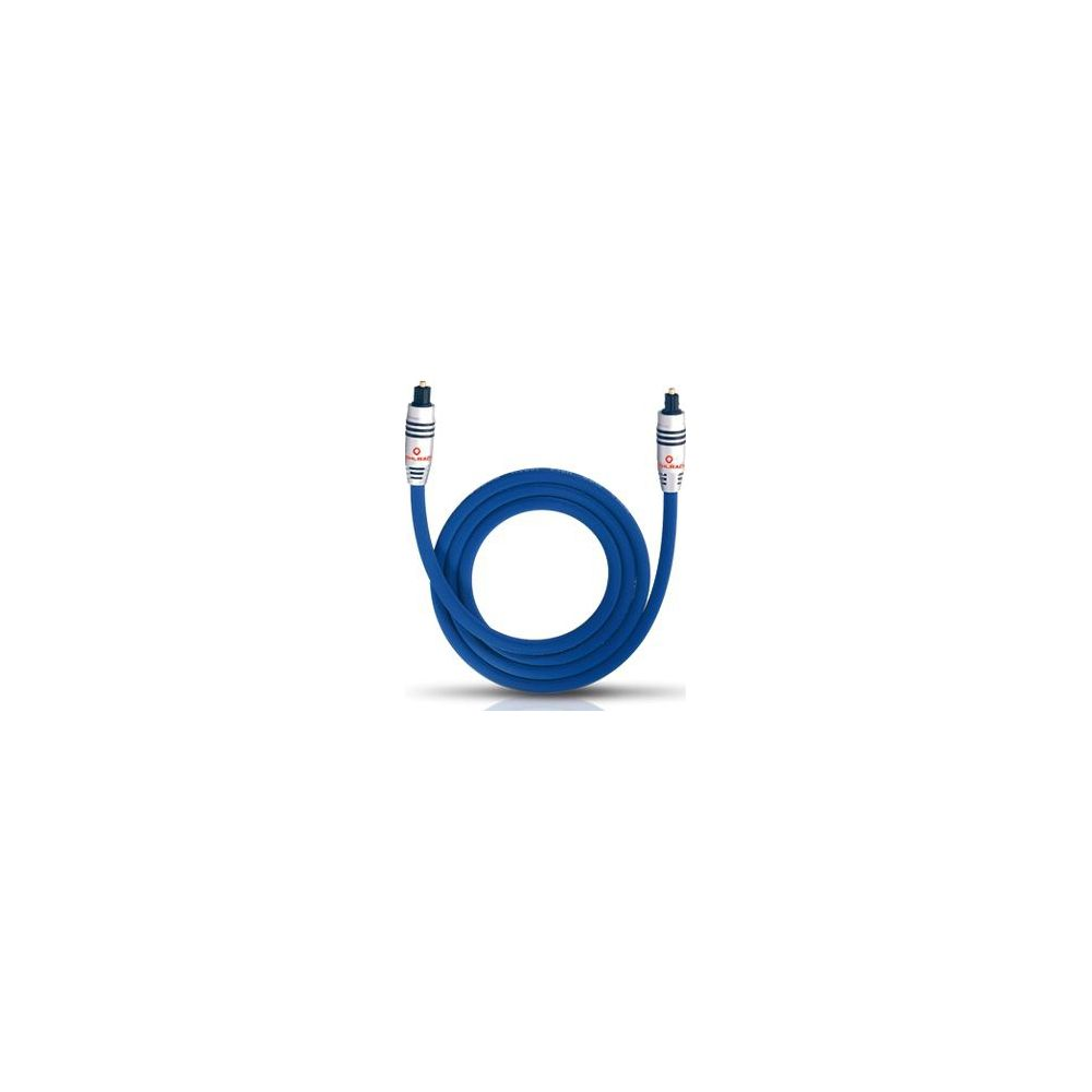 Un câble audio bleu enroulé avec des connecteurs blancs et rouges.