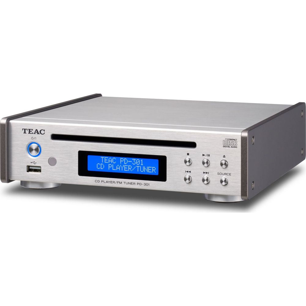 Reproductor CD/sintonizador FM TEAC plateado con pantalla azul y botones.