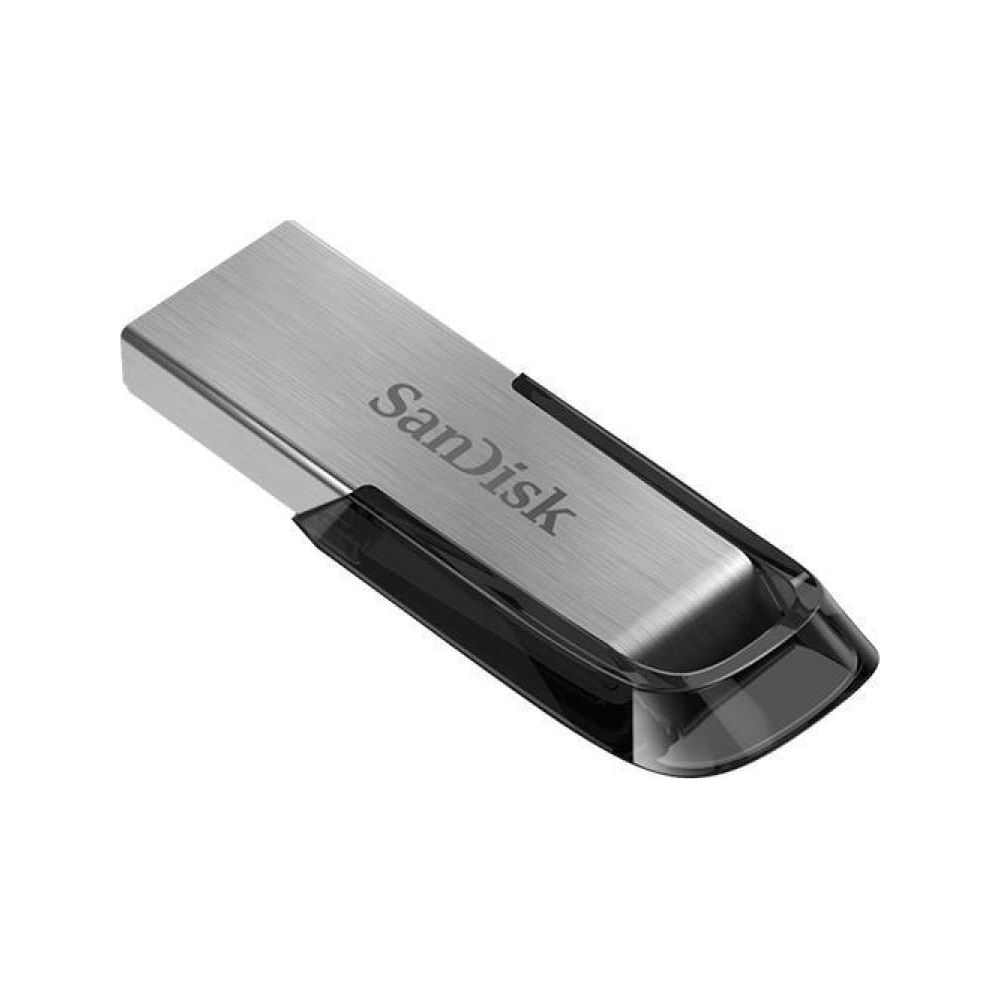 Una memoria USB plateada con inserto de plástico negro y el logo de SanDisk.