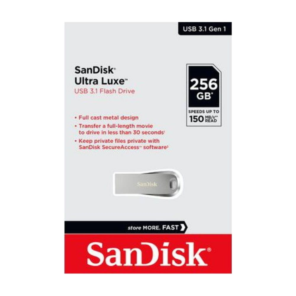 Clé USB SanDisk Ultra Luxe 3.1, 256Go, design métal, 150Mo/s lecture.