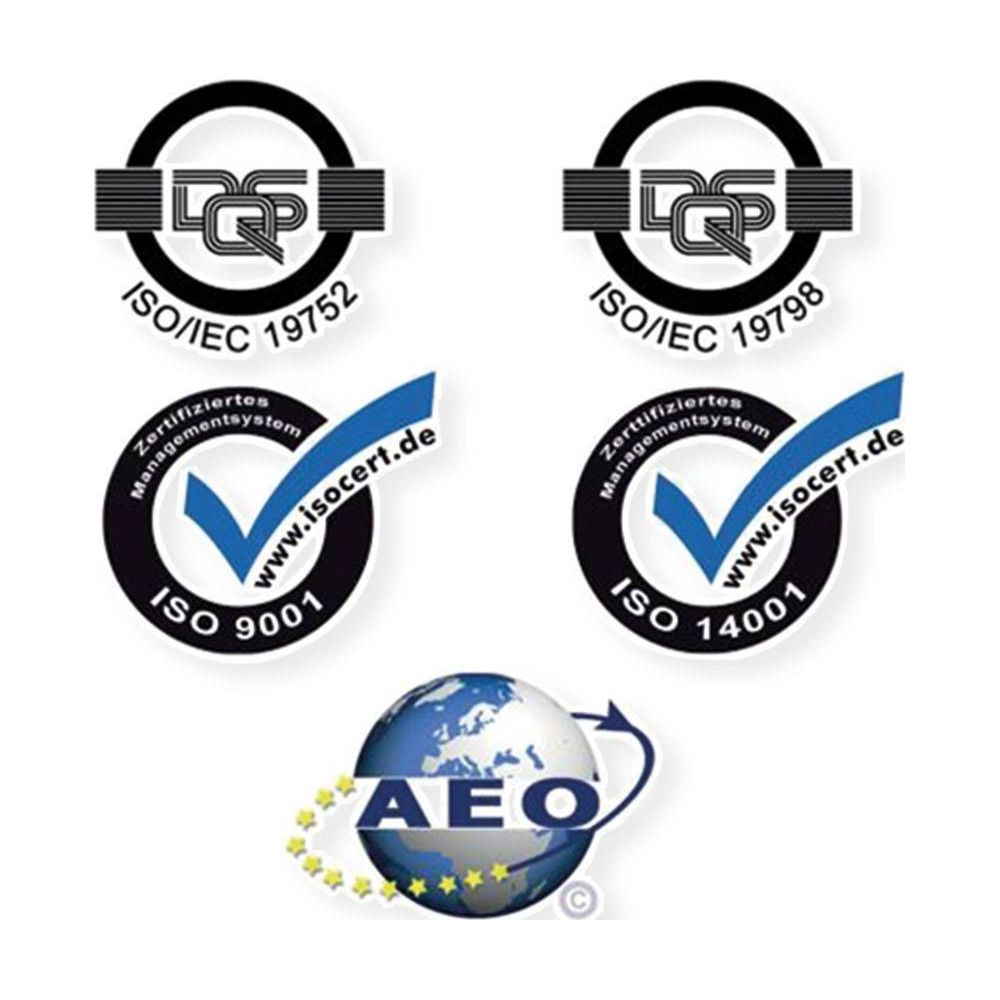 Tre loghi di certificazione: ISO/IEC 19752, ISO 9001, ISO 14001 e AEO.