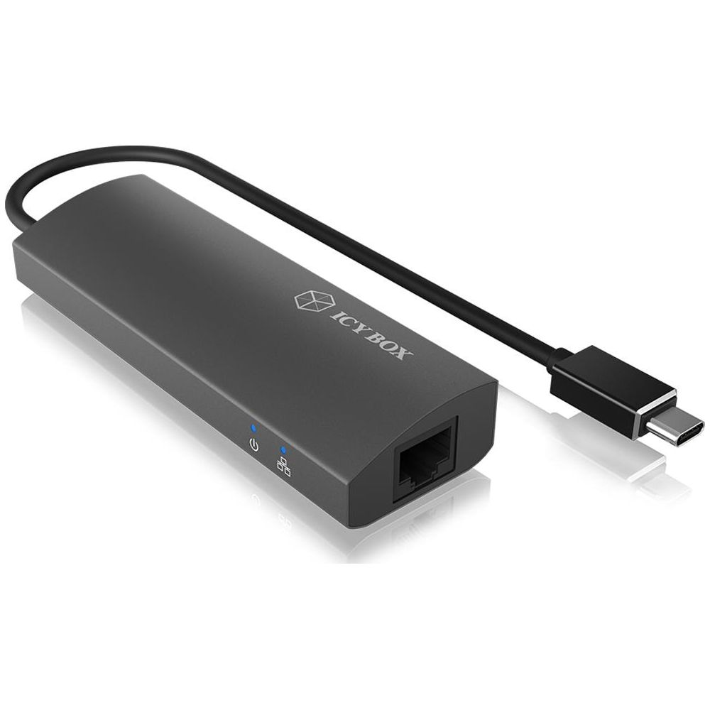 Un adattatore ICY BOX da USB-C a Ethernet grigio con porta RJ45.