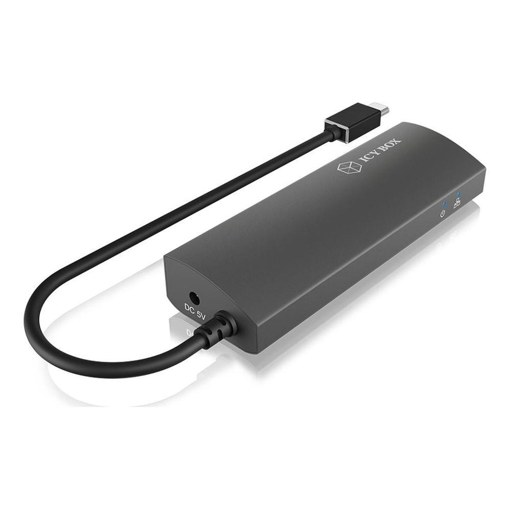 Dispositivo ICY BOX grigio con porta DC 5V e cavo USB.