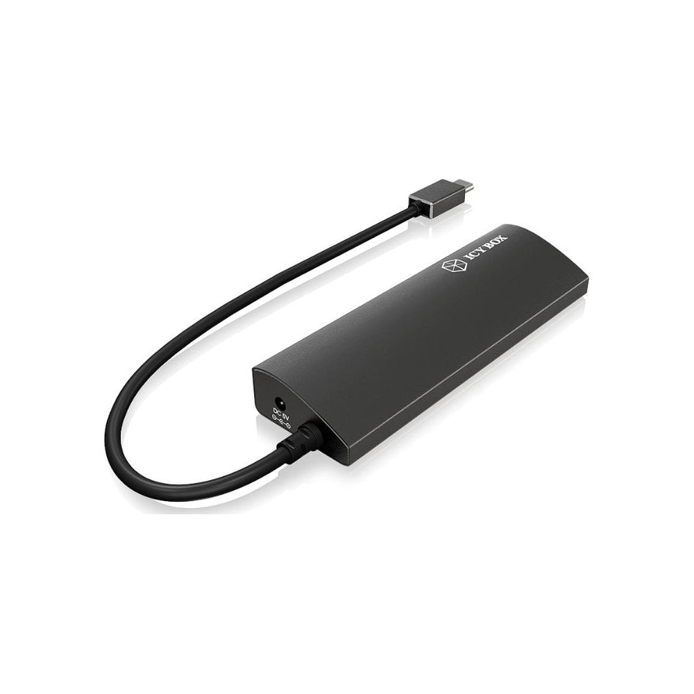 Schwarzer ICY BOX Adapter mit USB-C-Kabel und DC-5V-Anschluss.