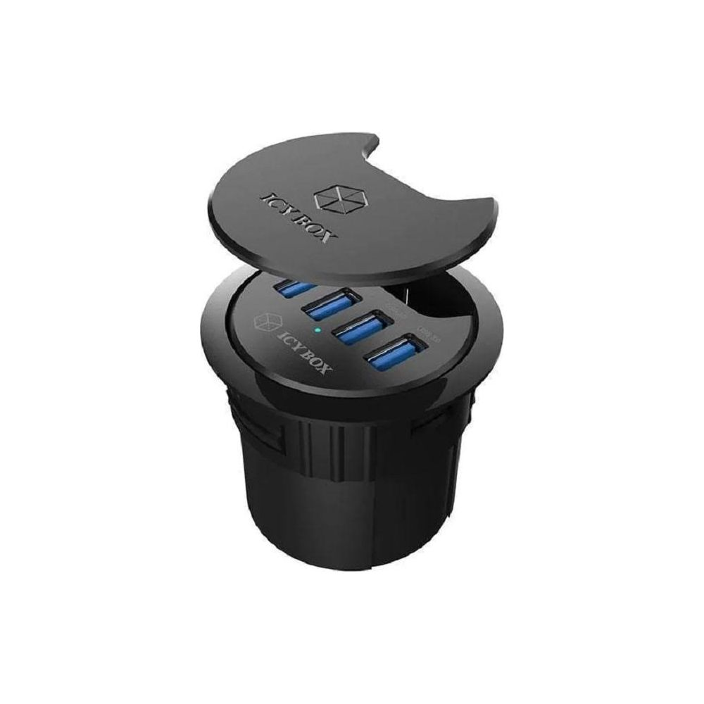 Schwarzer Icy Box USB-Hub mit drei blauen USB-Anschlüssen und einem Deckel.