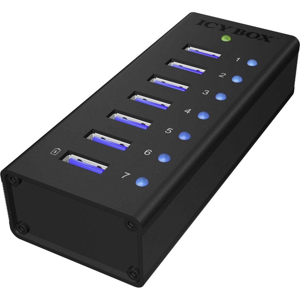 Schwarzer 7-Port USB-Hub mit blauen Ladeanzeigen und einem grünen Netzlicht.