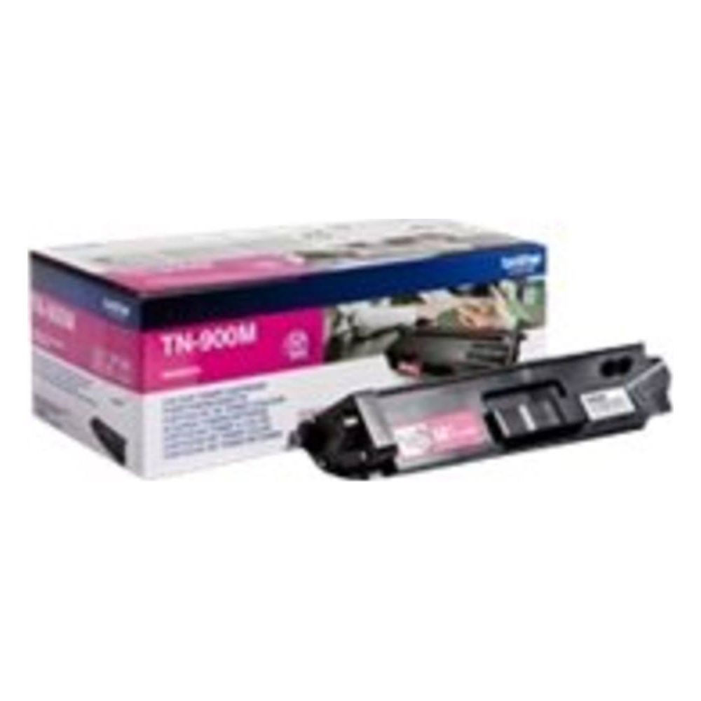 Brother TN-900M tonercartridge en doos op witte achtergrond.