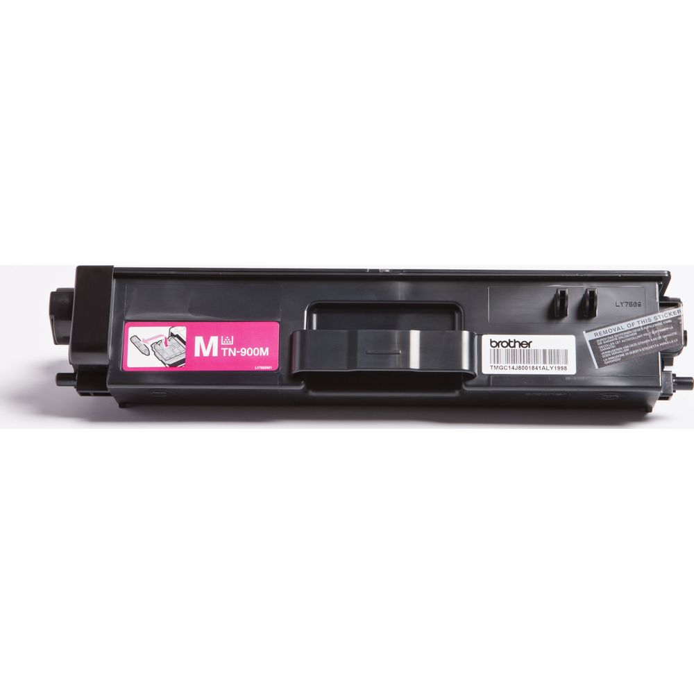 Een zwarte Brother TN-900M tonercartridge met een roze label.