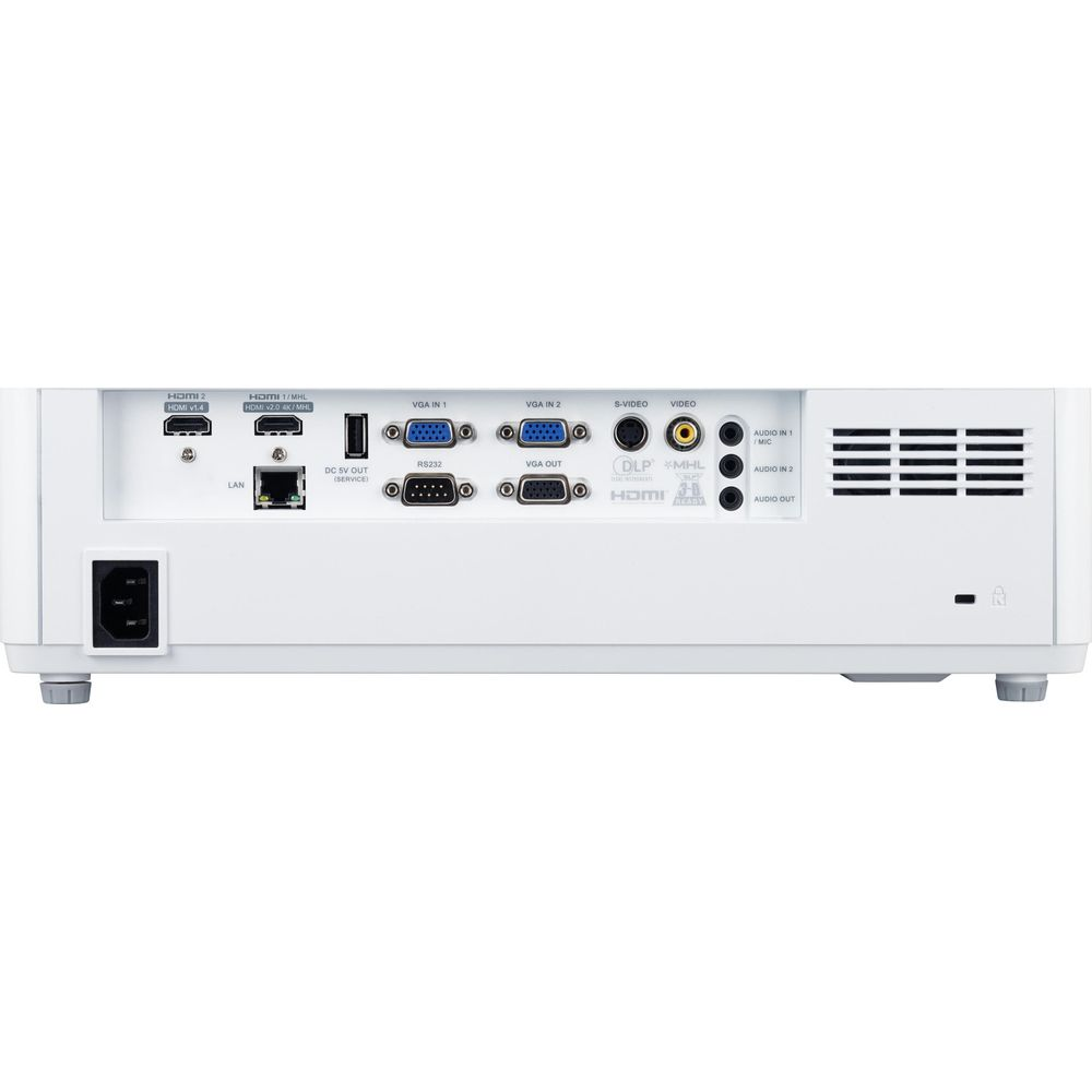Vue arrière d'un projecteur blanc avec ports HDMI, VGA, LAN et alimentation.