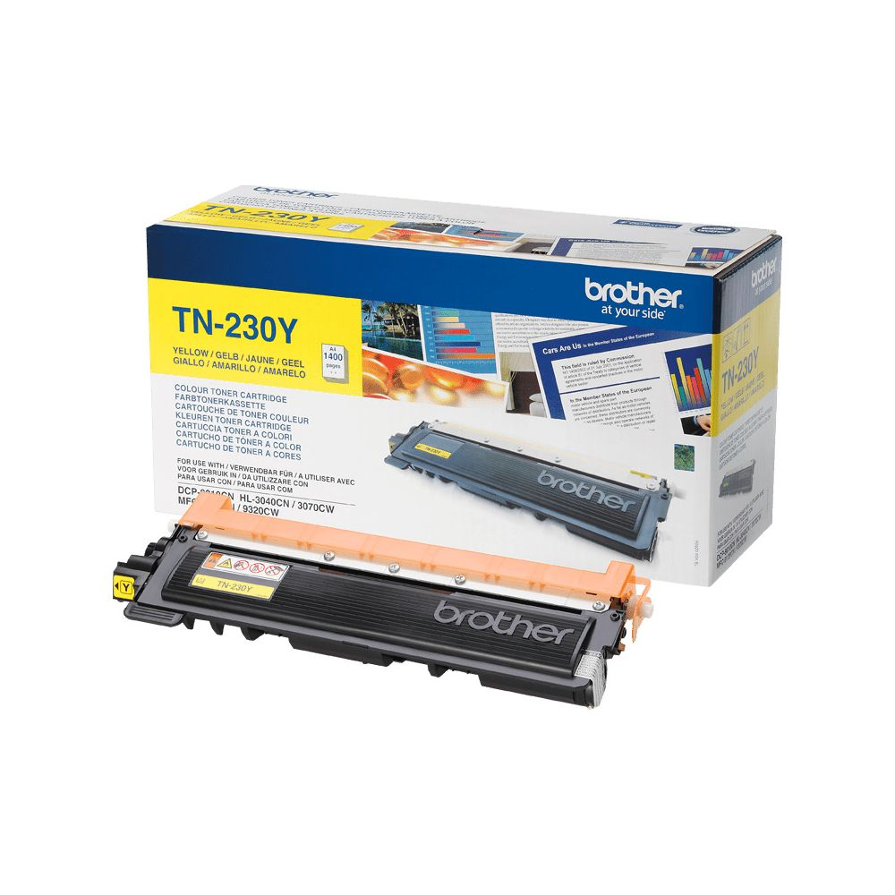 Żółte opakowanie i wkład tonera Brother TN-230Y.
