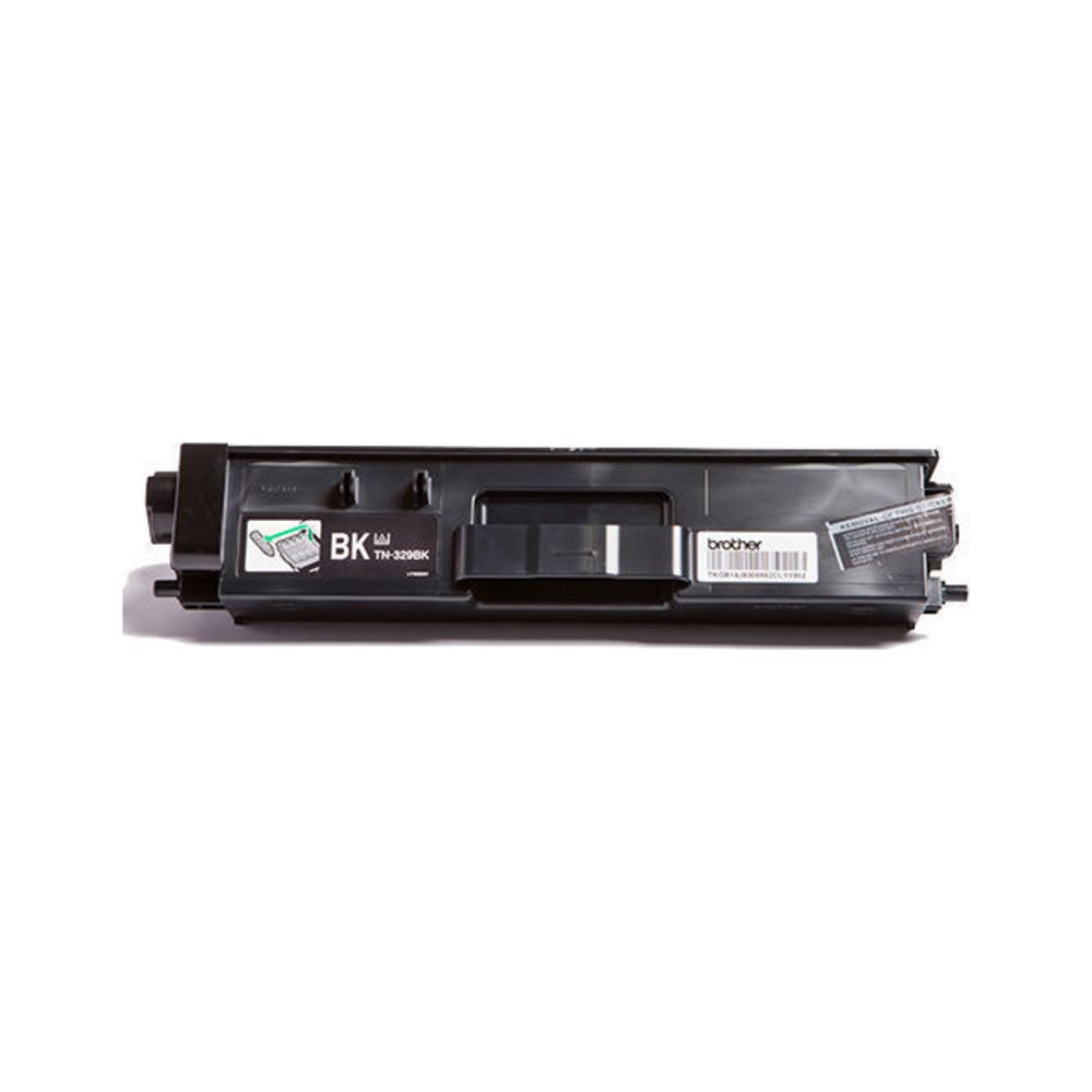 Cartuccia toner nera Brother TN-329BK mostrata di profilo su sfondo bianco.