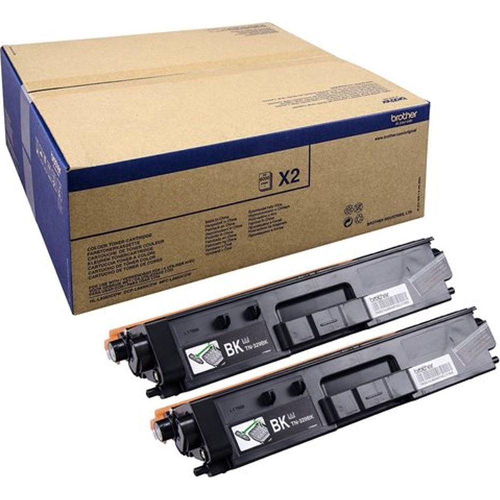 Due cartucce toner Brother TN-3290K nere davanti a una scatola con etichetta X2.