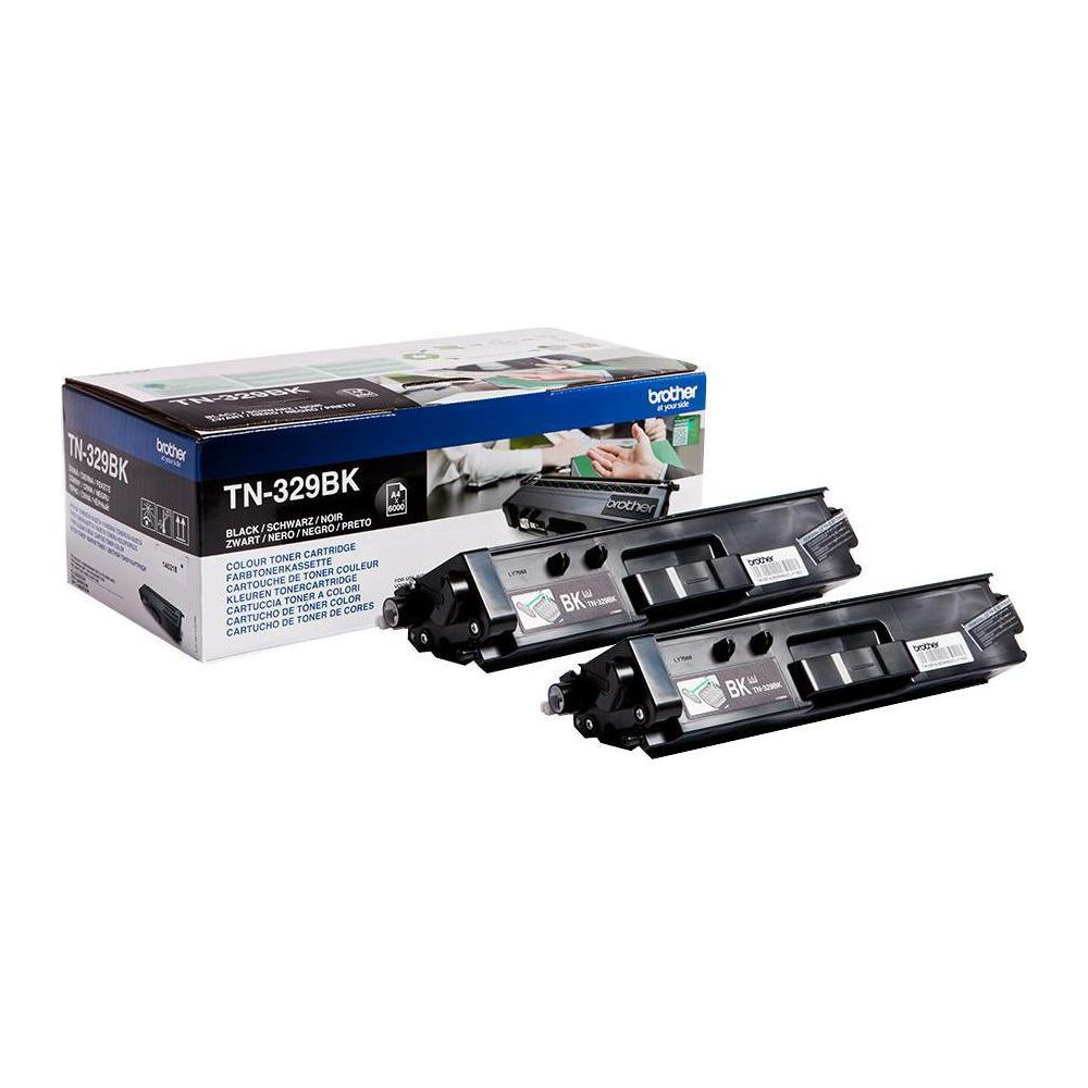 Tre cartucce toner nere Brother TN-329BK e una scatola.