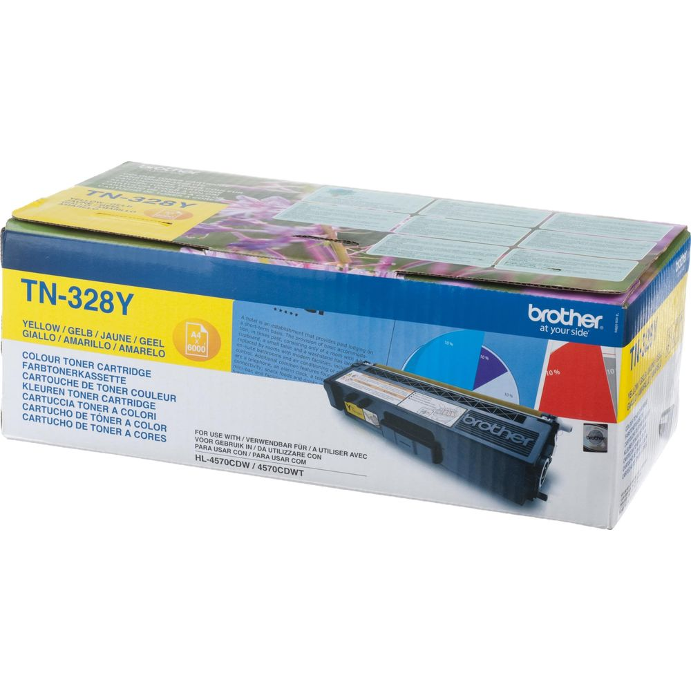 Boîte pour une cartouche de toner jaune Brother TN-328Y. Comprend le toner et le numéro de modèle.