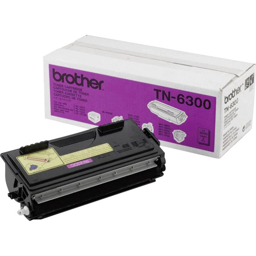 A Brother TN-6300 toner cartridge rests beside its box.