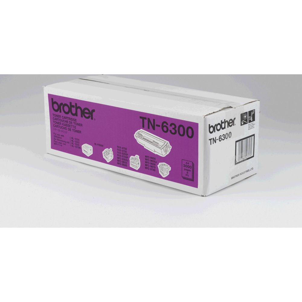 Brother TN-6300 toner cartridge on white box, with model numbers and image.