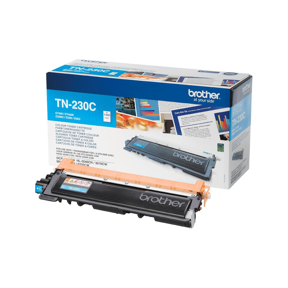 Toner do drukarki Brother TN-230C cyjan i opakowanie, z tekstem z przodu.