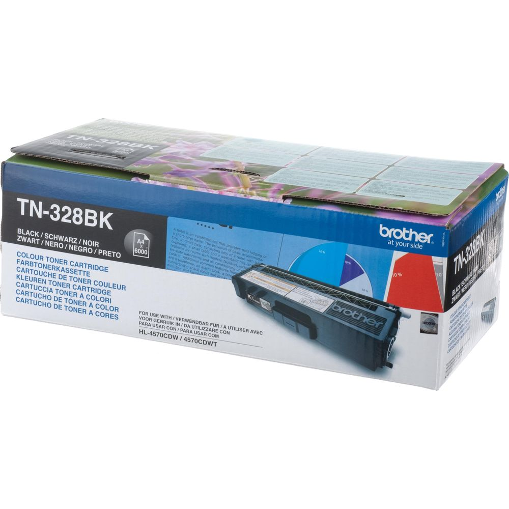 Brother TN-328BK Farbtoner-Kassette für Drucker, mit Beschriftung und einem Toner.