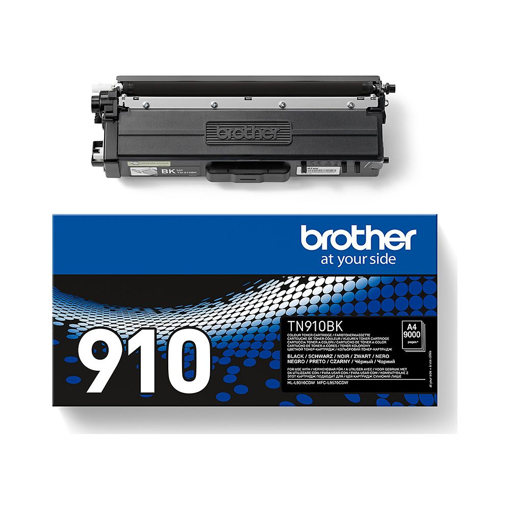 Cartouche de toner Brother TN910BK, noir. Sur boîte bleue à motif ondulé.