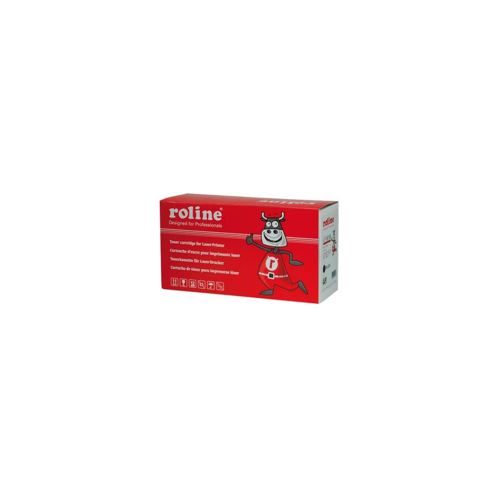 Cartuccia toner Roline per stampante laser con personaggio e icone.