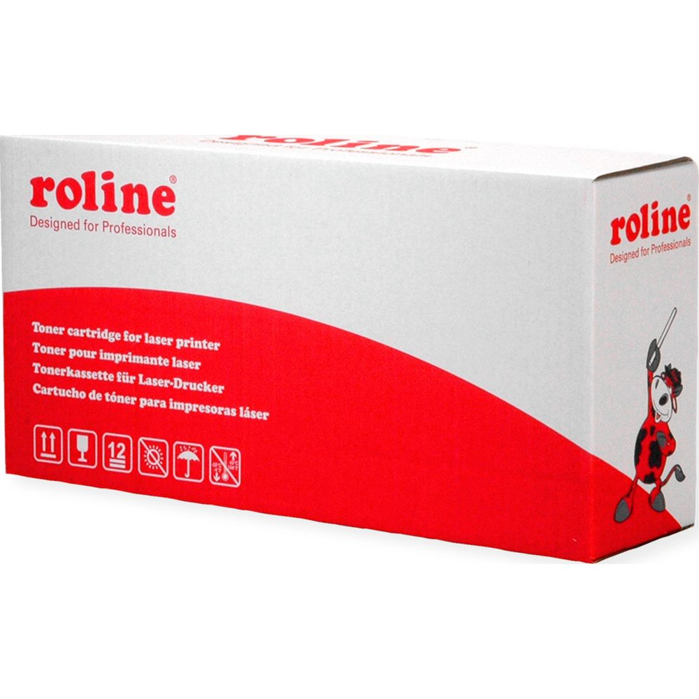 Confezione di cartuccia toner Roline con descrizione multilingue e simboli di avvertenza.