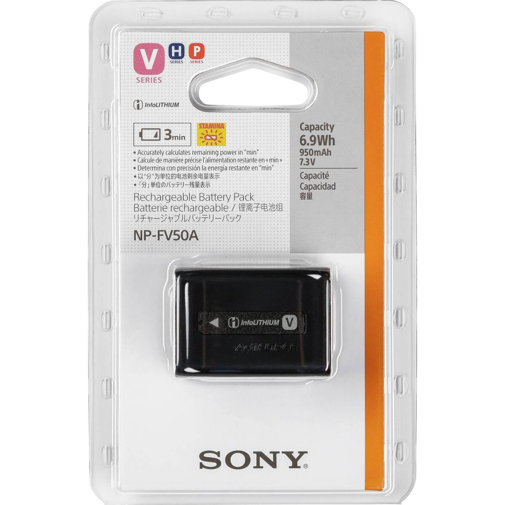 Batterie Sony NP-FV50A en emballage avec InfoLITHIUM et Stamina.