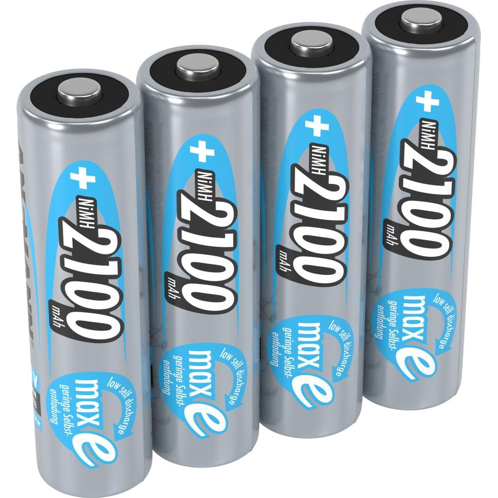Vier silberne AA NiMH-Akkus mit blauem Etikett, 2100 mAh.