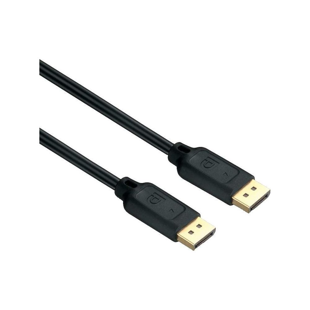 Zwei schwarze DisplayPort-Kabel mit goldenen Anschlüssen auf weißem Hintergrund.