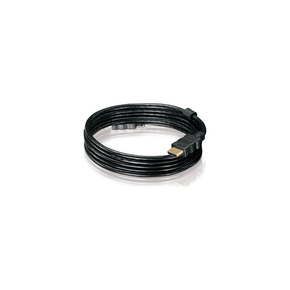 Ein schwarzes HDMI-Kabel, aufgerollt, mit goldenem Stecker.