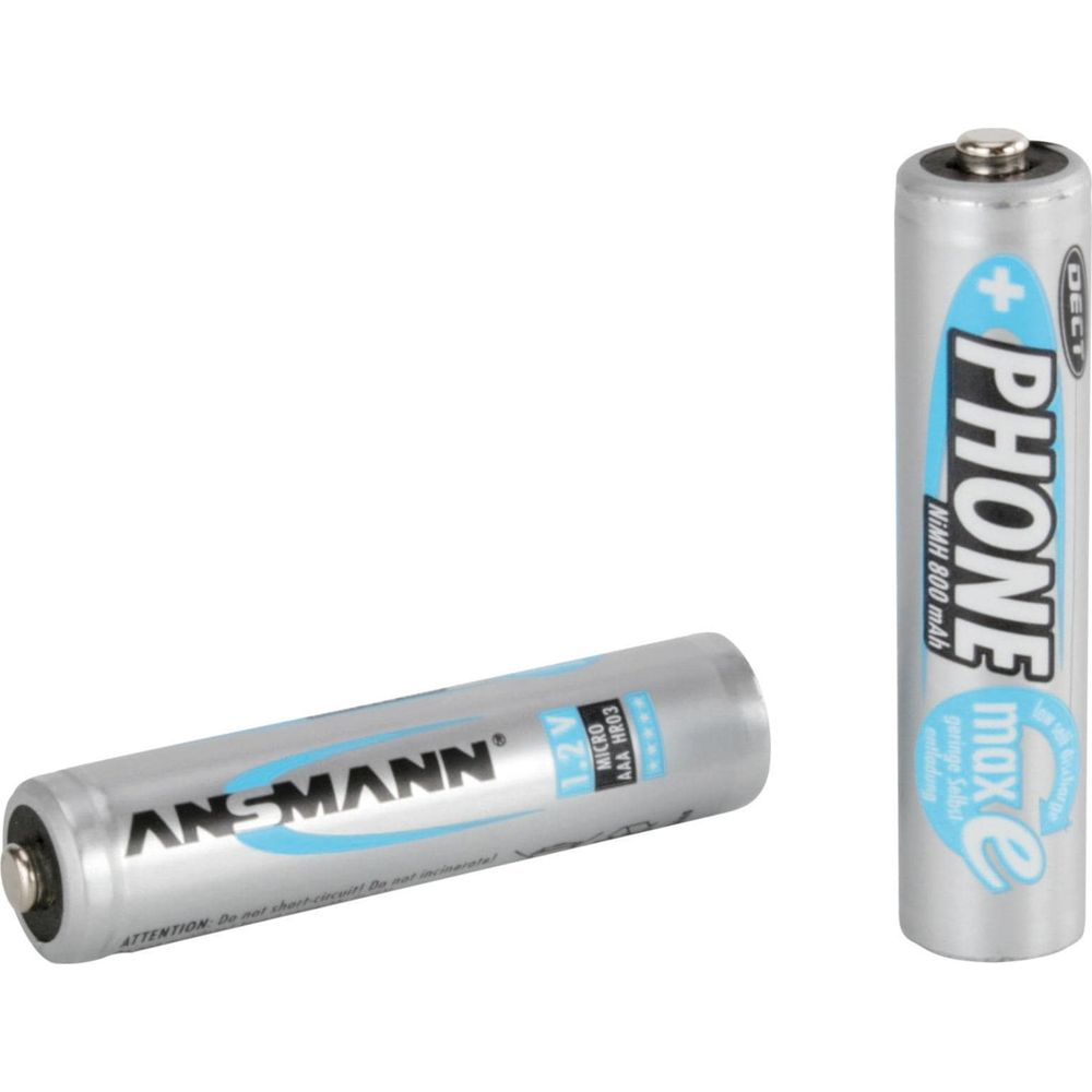 Dwie baterie AAA na białym tle, jedna z logo ANSMANN, druga z logo PHONE.