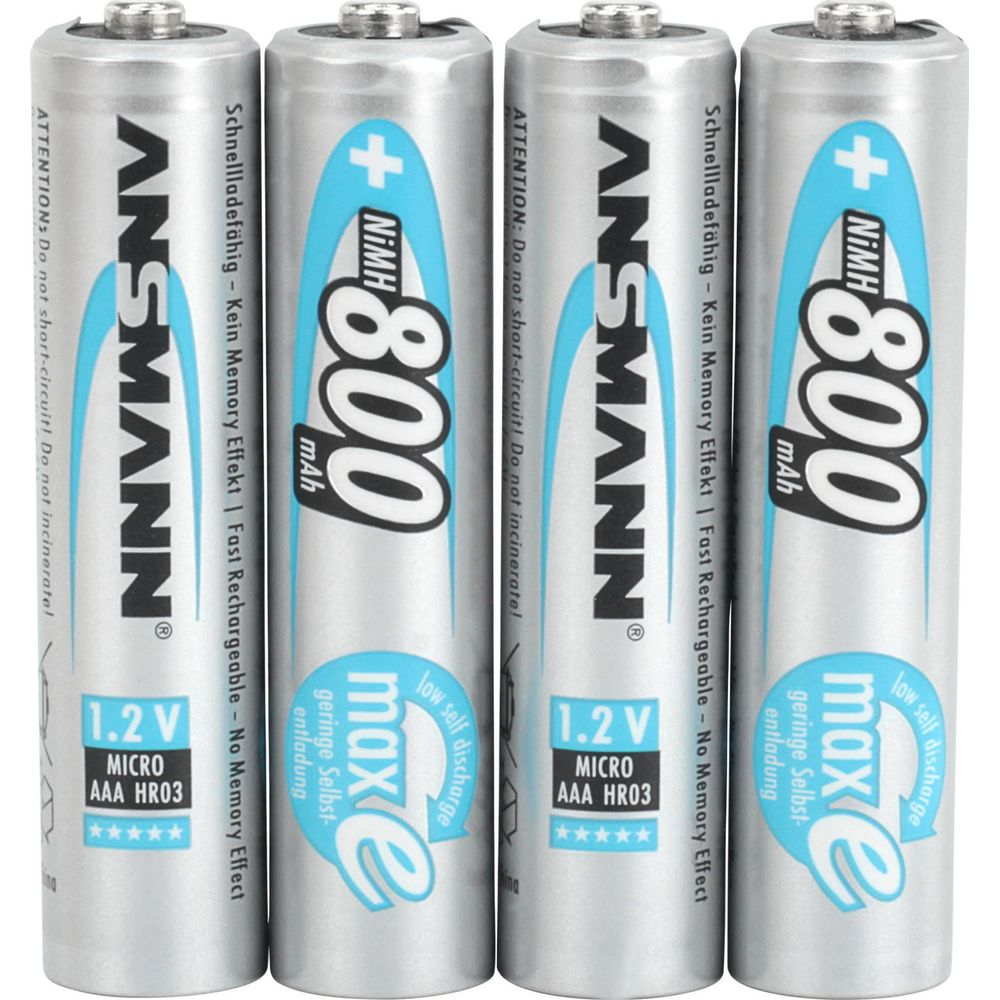 Vier silberne AAA-Batterien mit "ANSMANN"-Logo, 800 mAh, 1.2 V.