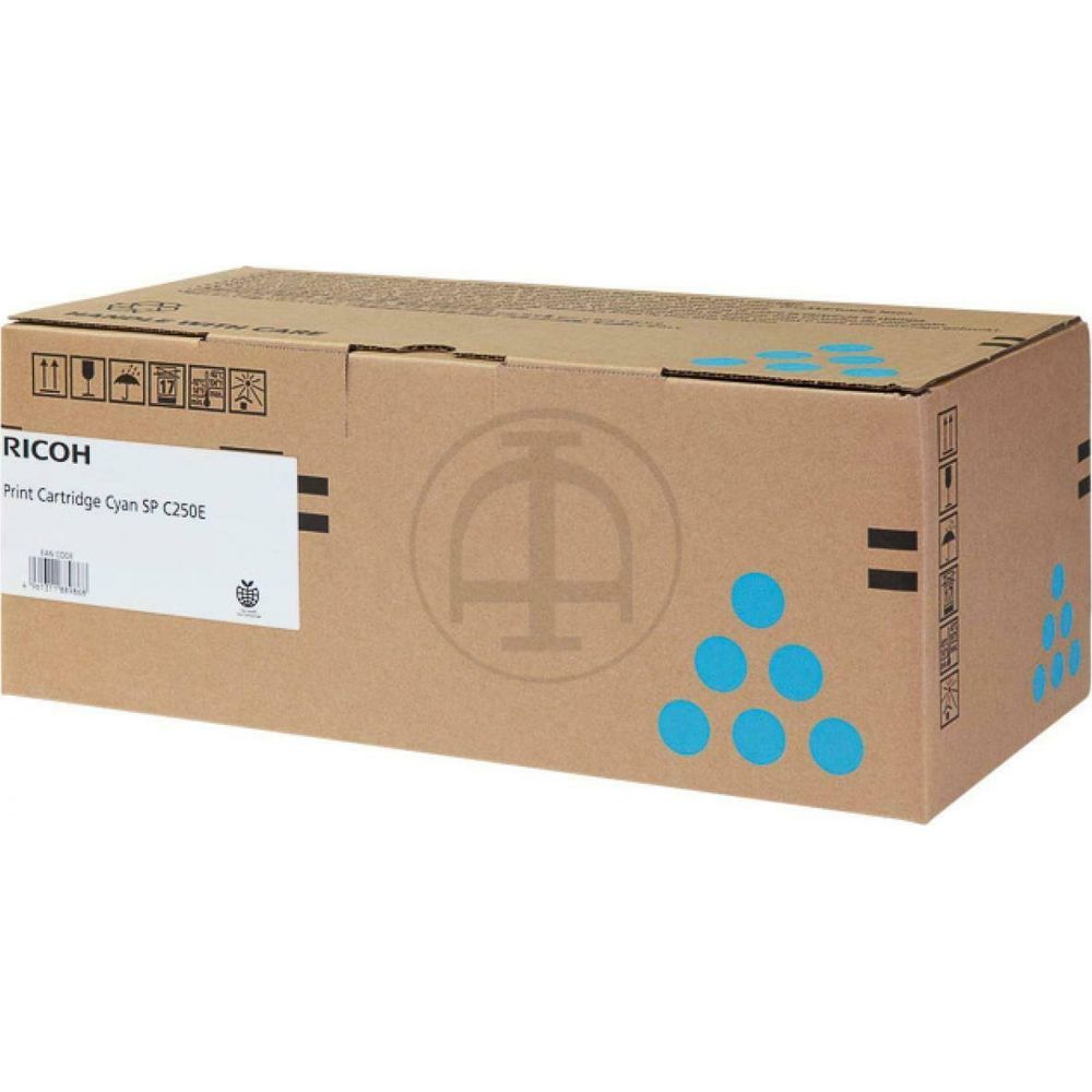 Pudełko kartonowe z logo Ricoh i szczegółami wkładu cyan.