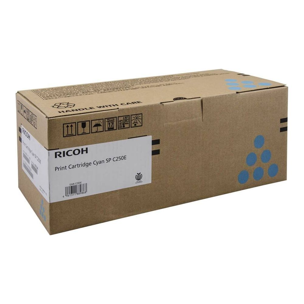 Tusz do drukarki Ricoh, cyjan, SP C250E, w brązowym kartonie z niebieskimi kółkami.
