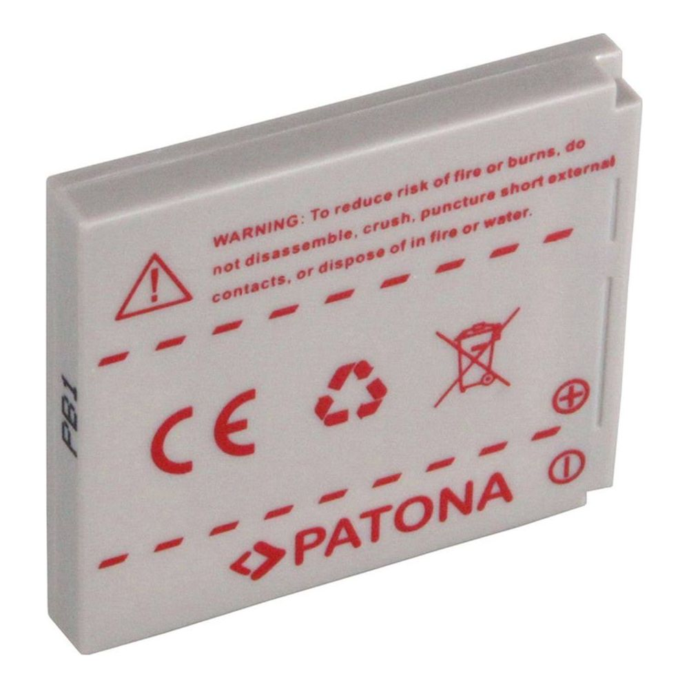 Weiße Batterie mit roten Warnsymbolen und Text, CE-Zeichen und PATONA-Logo.