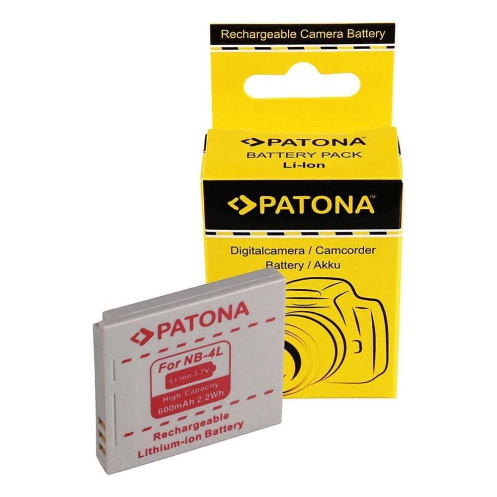 Eine wiederaufladbare Lithium-Ionen-Batterie von Patona für NB-4L wird neben ihrer gelben Verpackung gezeigt.
