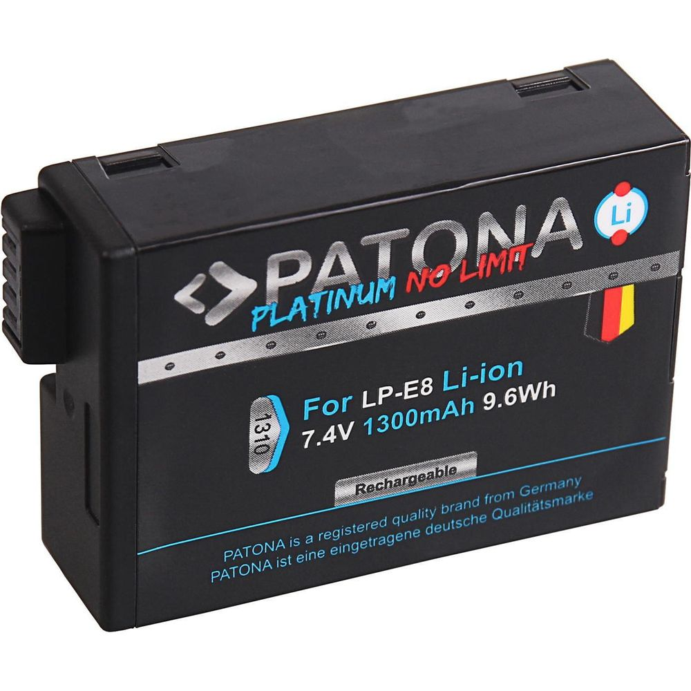 Schwarzer Akku mit PATONA-Logo, für LP-E8 Li-ion, 7.4V 1300mAh.