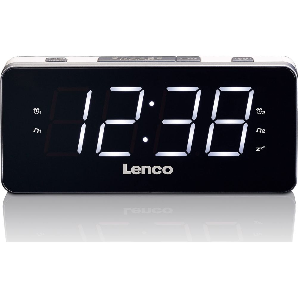 Cyfrowy budzik Lenco pokazuje 12:38. Ma czarny ekran.