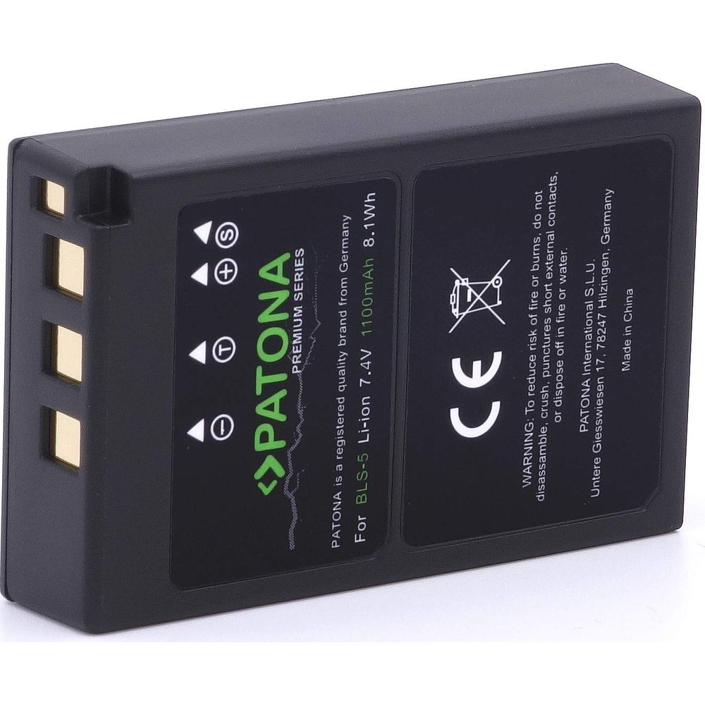 Schwarzer Akku mit PATONA-Logo, 7,4V, 1100mAh, 8,1Wh, CE-Zeichen.