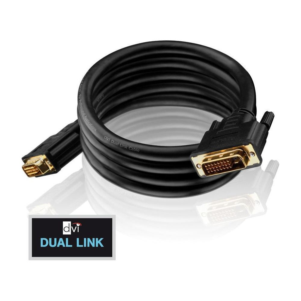 Czarny kabel DVI dual link ze złotymi złączami i logo DVI Dual Link.