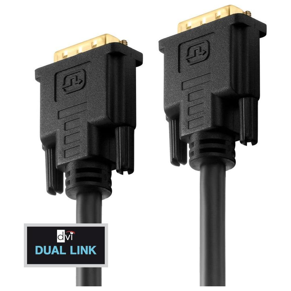 Dwa czarne złącza kabla DVI dual link ze złotymi pinami na białym tle.