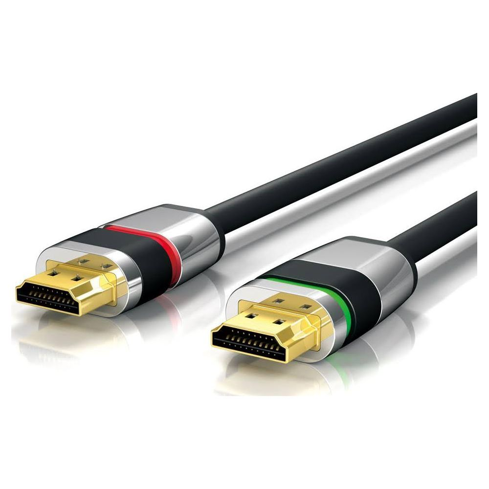 Zwei HDMI-Kabel mit goldenen Steckern und farbigen Ringen (rot und grün).