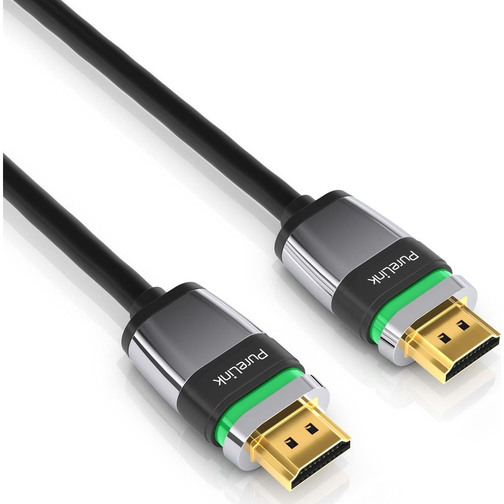Zwei HDMI-Kabel mit schwarzen Kabeln, silbernen Anschlüssen und grünen Akzenten.