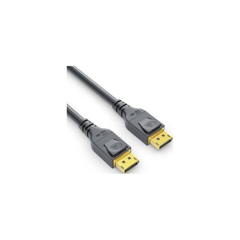 Due cavi DisplayPort neri con connettori dorati su sfondo bianco.